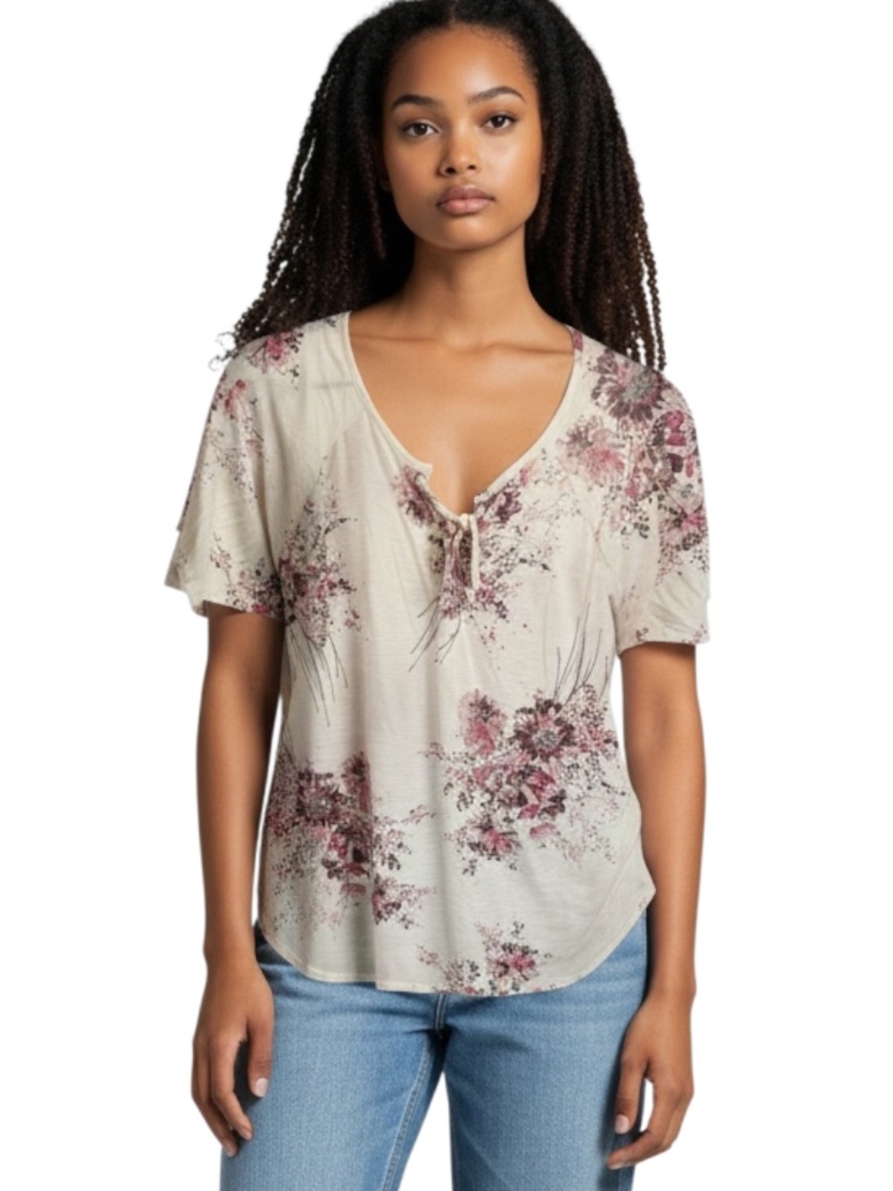 Maurices Cream Short Sleeve Floral Tie-Neck Top